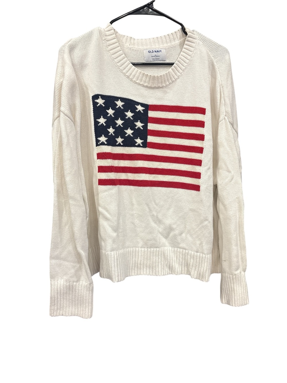 Old Navy Cream Crewneck Sweater with Red & Navy Flag